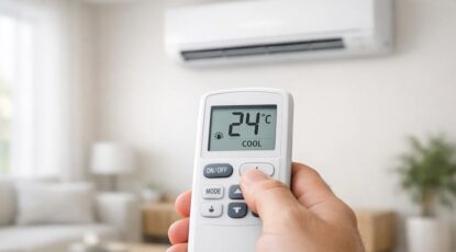 ریموت کنترل کولر گازی در دست کاربر در اتاق مینیمال با دیوار روشن