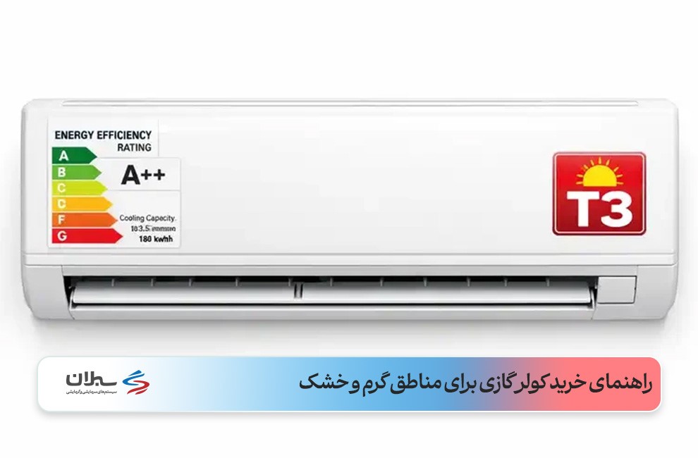 کولر گازی سفید با برچسب مصرف انرژی و نماد عملکرد T3 قرمز