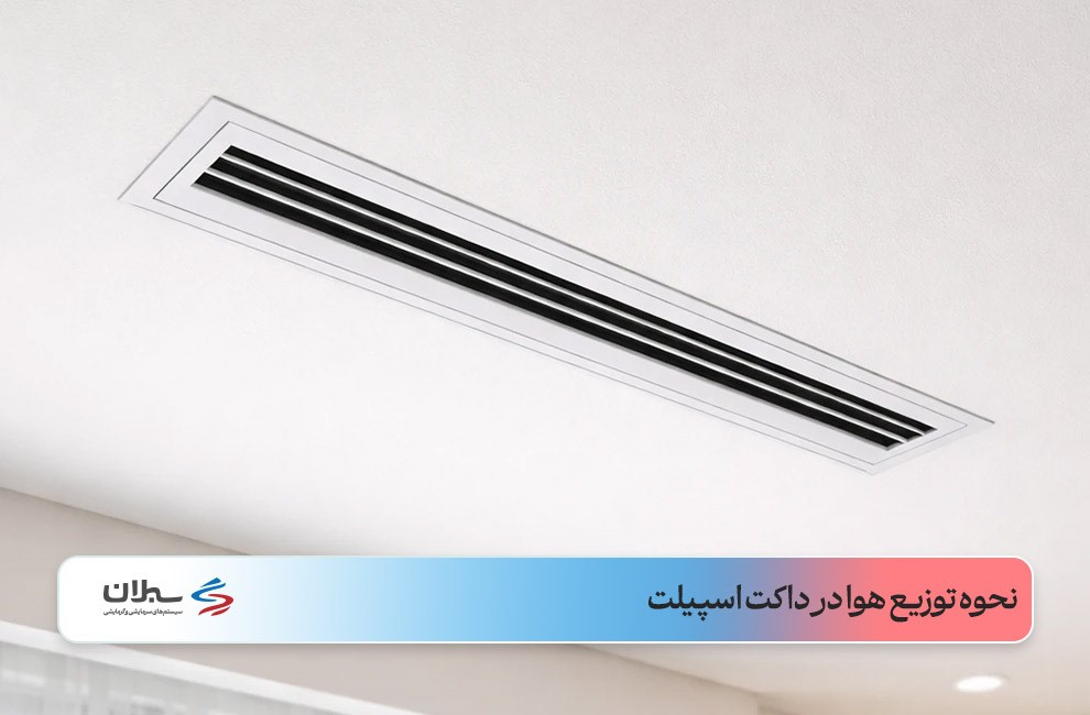 نمای نزدیک از یونیت داخلی داکت اسپلیت در سقف کاذب سفید