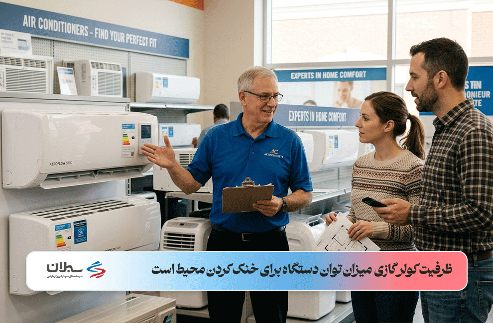 یک کارشناس در حال توضیح دادن کارکرد کولرگازی به یک زن و شوهر