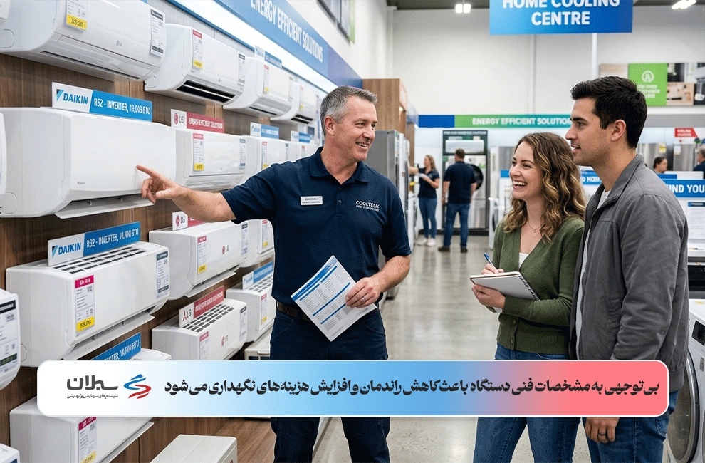 یک زن و شوهر در حال دریافت مشاوره از کارشناس فروش کولرگازی