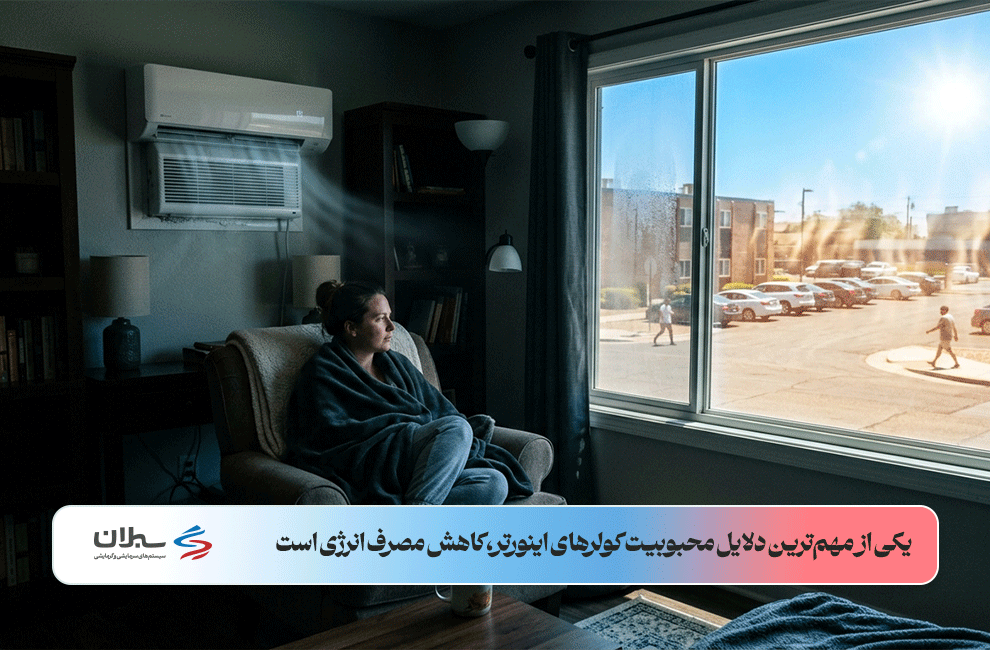 تصویر یک زن که کولر گازی اینورتر را روشن کرده و با وجود گرمای شدید بیرون در حال استراحت است