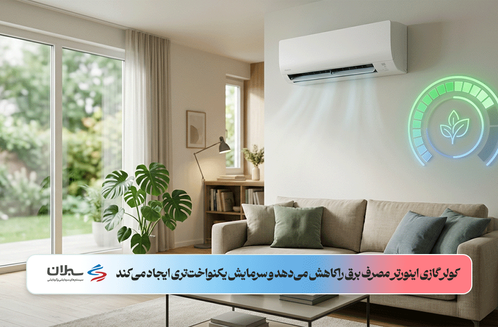 تصویر یک کولرگازی اینورتر که با سرمایش یکنواخت و کاهش مصرف انرژی برق را نشان می‌دهد